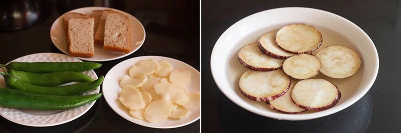Collage of sliced potatoes, bread halves and slit green chilies with a second image of sliced brinjals soaking in water in a bowl.