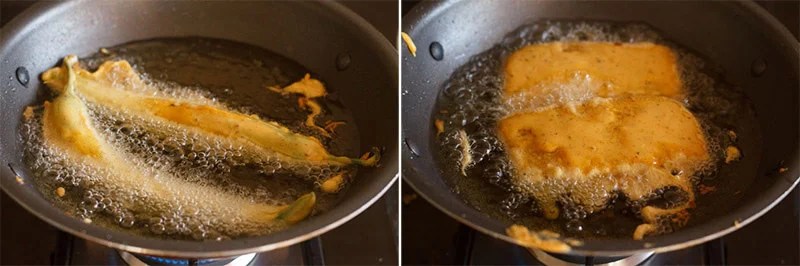 Collage of chili bhajiya and bread bhajia being fried in oil.