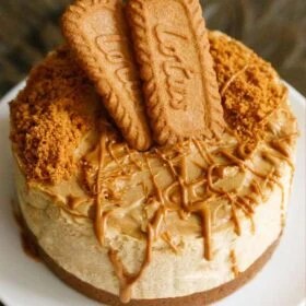 Delicious Biscoff cheesecake with toppings.