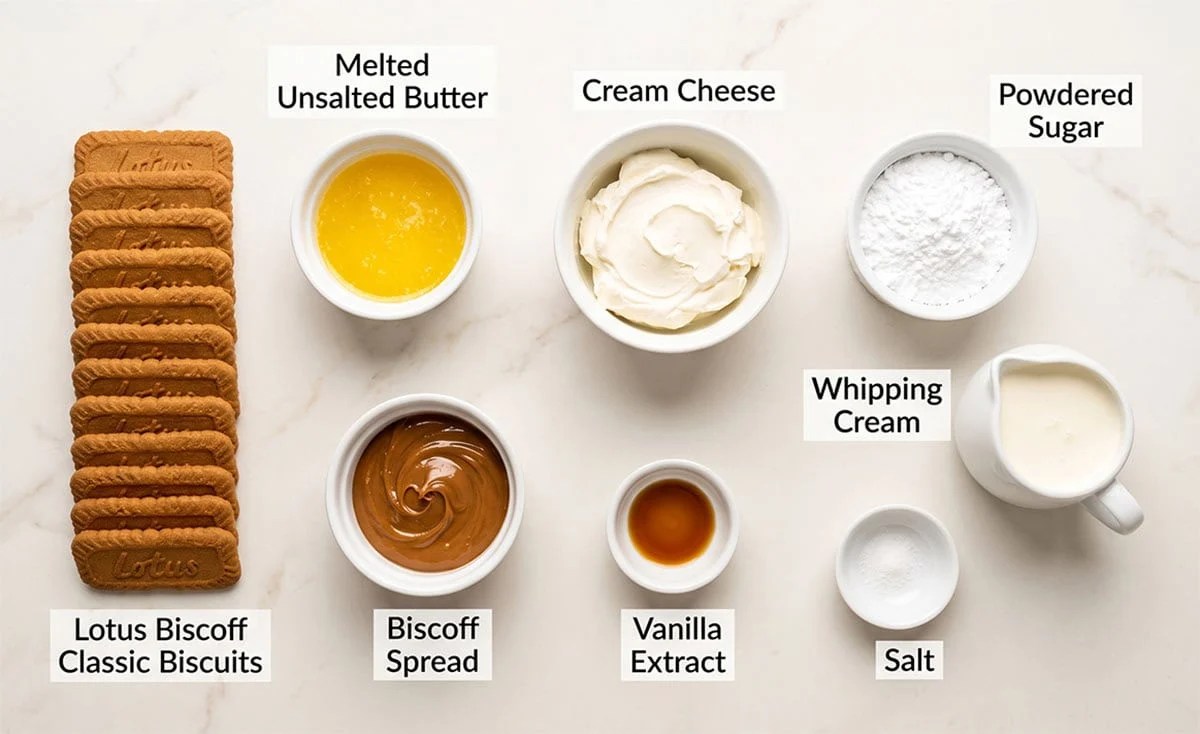 Ingredients for no-bake Biscoff cheesecake including Lotus Biscoff biscuits, melted butter, cream cheese, powdered sugar, whipping cream, Biscoff spread, vanilla extract and salt.