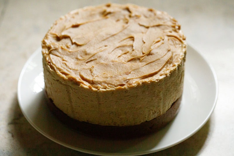 Chilled and set Biscoff Cheesecake removed from the pan.