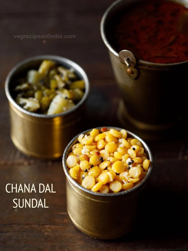 chana dal sundal served in a copper vessel with text layovers.
