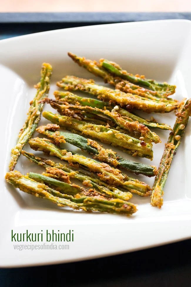 kurkuri bhindi served on a white plate.