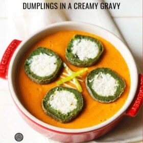 Palak kofta garnished with ginger juliennes and green chilli strips with text layovers.