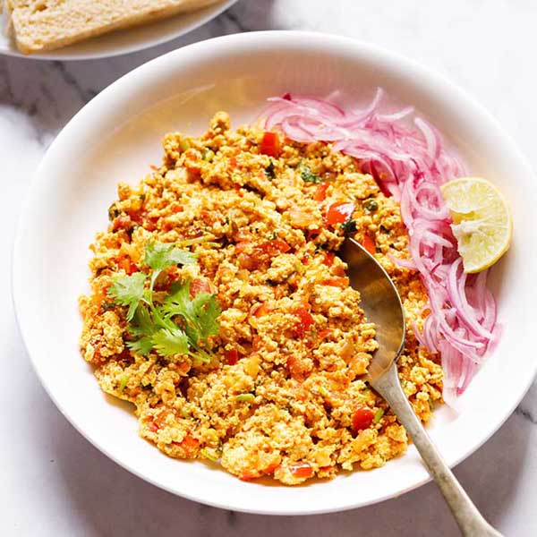 Paneer Bhurji in a white bowl.